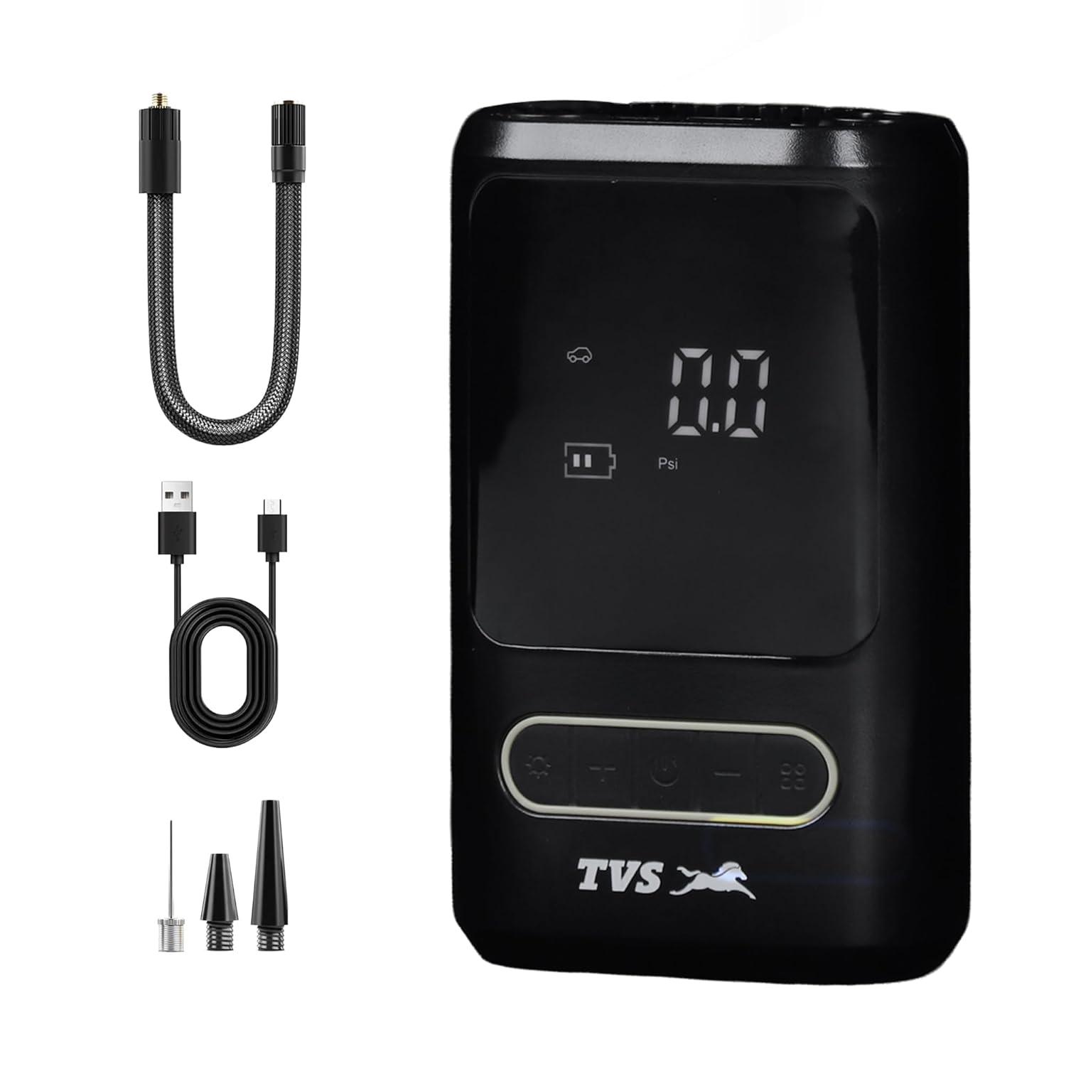 TVS Portable Tyre Air Inflator 150 PSI – Digital Meter, LED Light, Multi-Nozzle, Multi-Mode, Rechargeable 2000 * 2 mAh Bat
