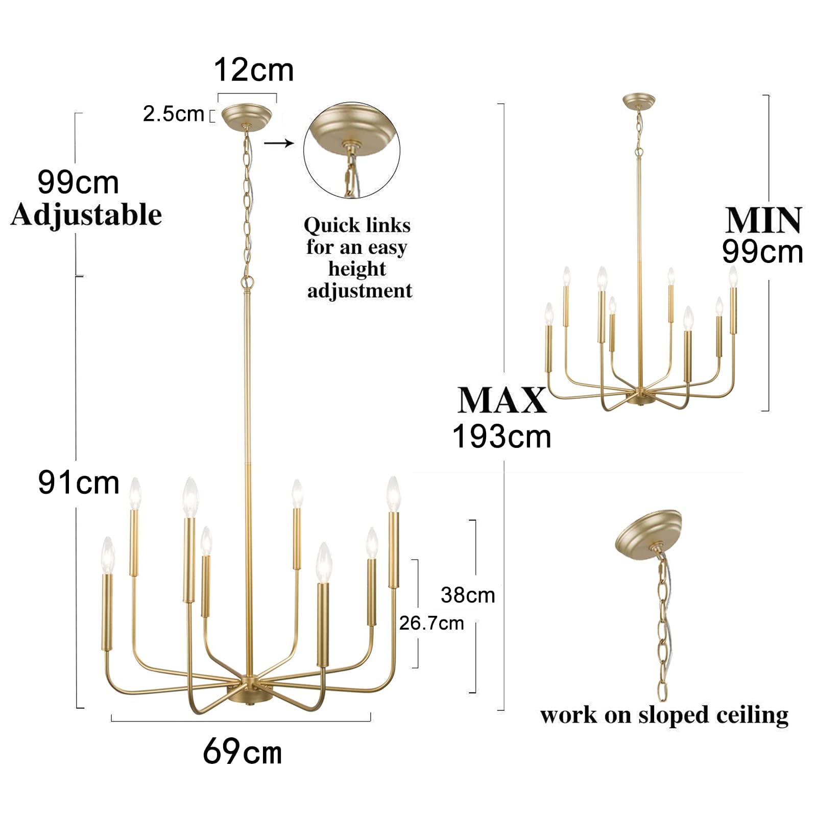 Lampadario moderno in oro, Ø69cm, Lampadario per sala da pranzo a 8 luci per camera da letto, soggiorno, cucina, foyer, ingresso (versione aggiornata, 2 tipi di altezza 8 bracci)