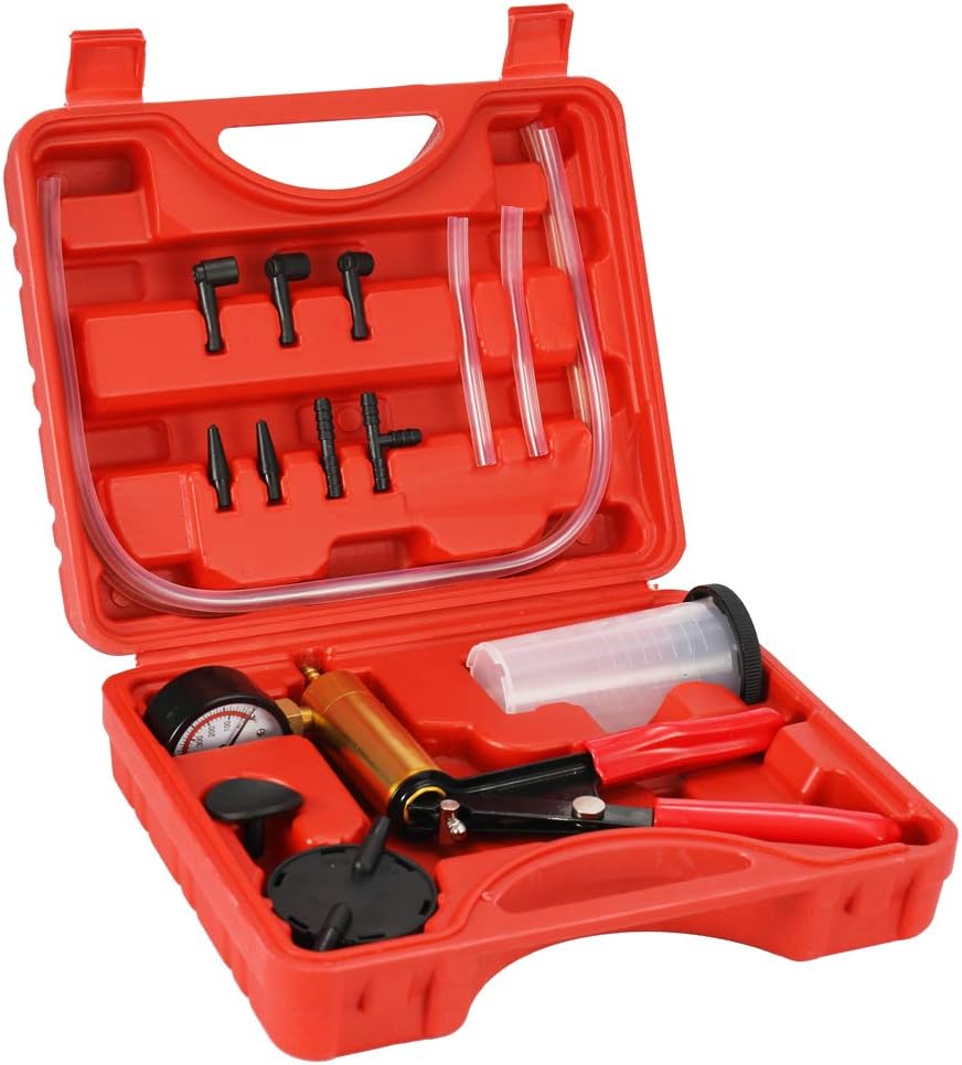 2-in-1 Professional Car Auto Handheld Vacuum Pressure Pump, Brake Bleeder, Adaptor Fluid Reservoir Tester, Vacuum Tester - 17 Pieces