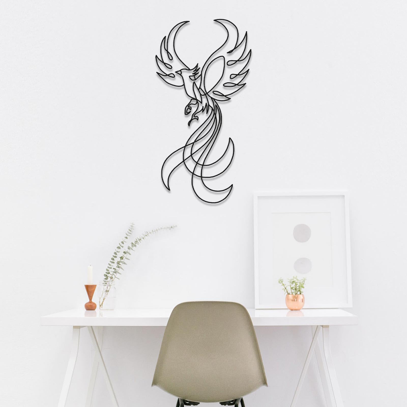Nowoczesna minimalistyczna metalowa dekoracja ścienna z feniksem, mityczna wisząca do salonu, sypialni lub biura (czarna, 105 x 55 cm)