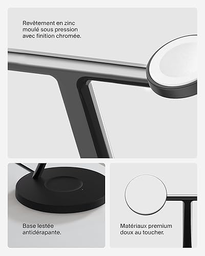 Belkin BoostCharge Station de Recharge 3-en-1 avec Qi2, Chargeur MagSafe Compatible pour Les modèles de l'iPhone 17, iPhone Air, Apple Watch, AirPods, Pixelsnap, Adaptateur Inclus - Noir - 6