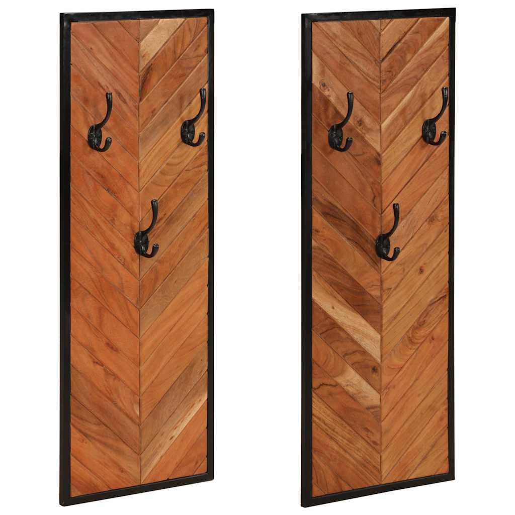 Lot de 2 porte-manteaux muraux en bois d'acacia massif - 90 x 35 cm - Avec 3 crochets en fer - Porte-vêtements rustique pour entrée et chambre à coucher