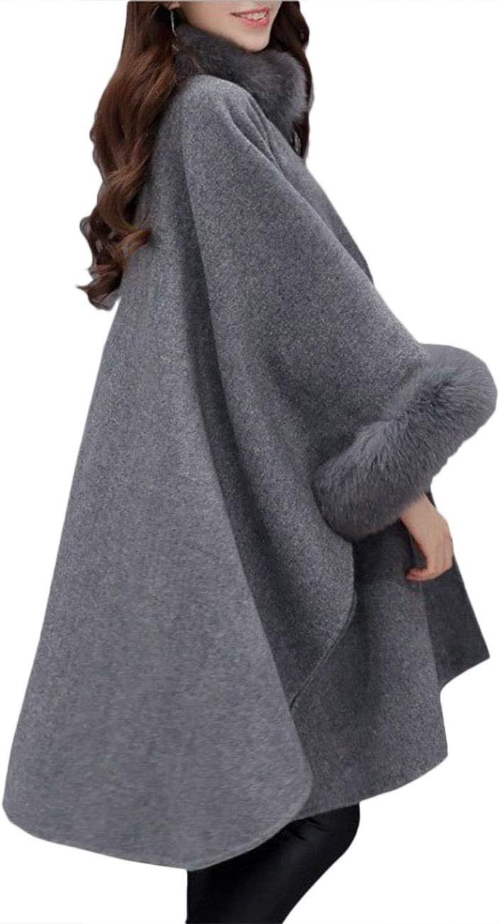 SEMATOMALA Women's Winter Wool Blended Faux Fur Coats Warm Baggy Oversized Shawl Wraps Cloak Trench Coat Poncho Cape Outwear