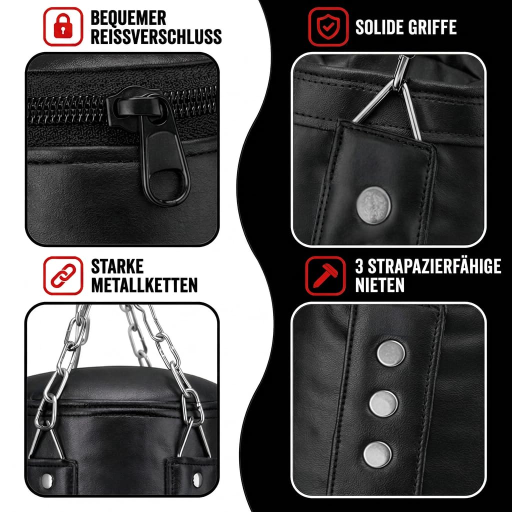 Boxsack Komplett-Set - Nachfüllbar Deckenbefestigung Boxbandagen & Reflexball inklusive Hängender Punching Bag für Box Kickbox MMA Muay Thai Ideal für Zuhause Erwachsene & Jugendliche