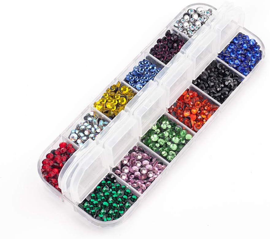 Hotfix Flatback Rhinestones Gemstone Glass Rhinestones Dorhui Hot Fix Stones Iron on Glue Glass Flat Back Gemstones AB Crystals 4800 Pieces 12 Colors 3 Sizes 2-4 MM (SS6-SS16) in Storage Box