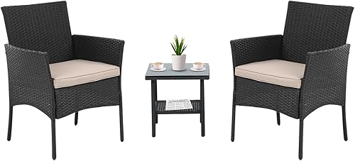 Juego de 3 muebles de patio para porche, sillas de mimbre de ratán PE con mesa, juegos de muebles de jardín al aire libre, mesa auxiliar y cojines