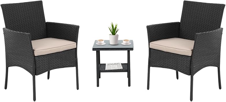 Dopinmin 3 Piece Patio Porch Furniture Sets PE Rattan Wicker Chairs with Table Outdoor Garden Furniture Sets Coffee Table and Cushions for Yard,Balcony,Poolside and Garden,Black