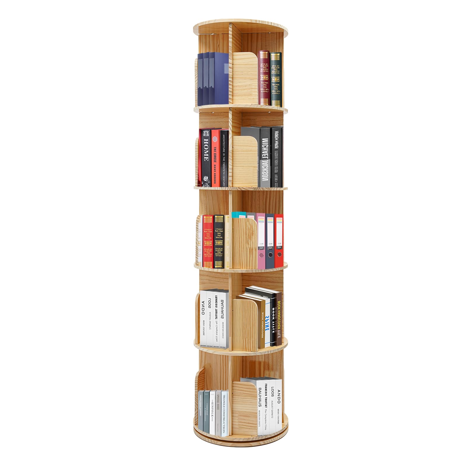 Librería redonda de madera maciza giratoria 360° Torre de estantería con 5 niveles de gran capacidad de almacenamiento y estética Adecuado para aulas bibliotecas viviendas privadas y muchas otras