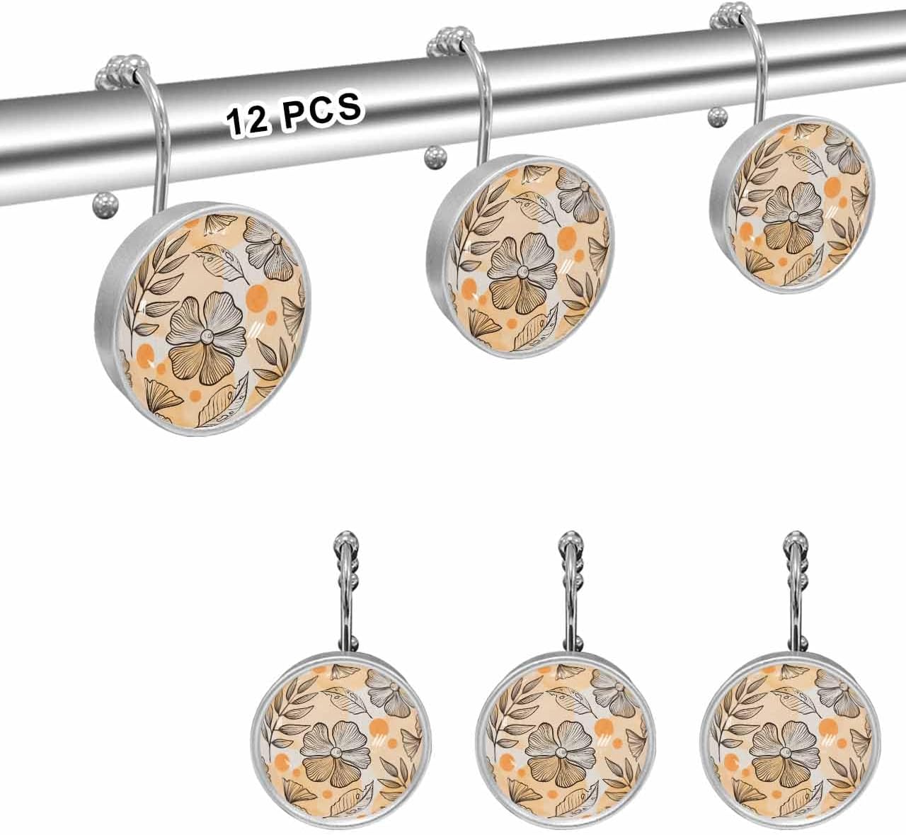 Shower Curtain Hooks Set of 12 Thanksgiving Art Line Pumpkin Painting Crystal Glass Shower Curtain Rings for Bathroom Decorative Stainless Steel Rust Proof Roller Shower Curtain Hangers