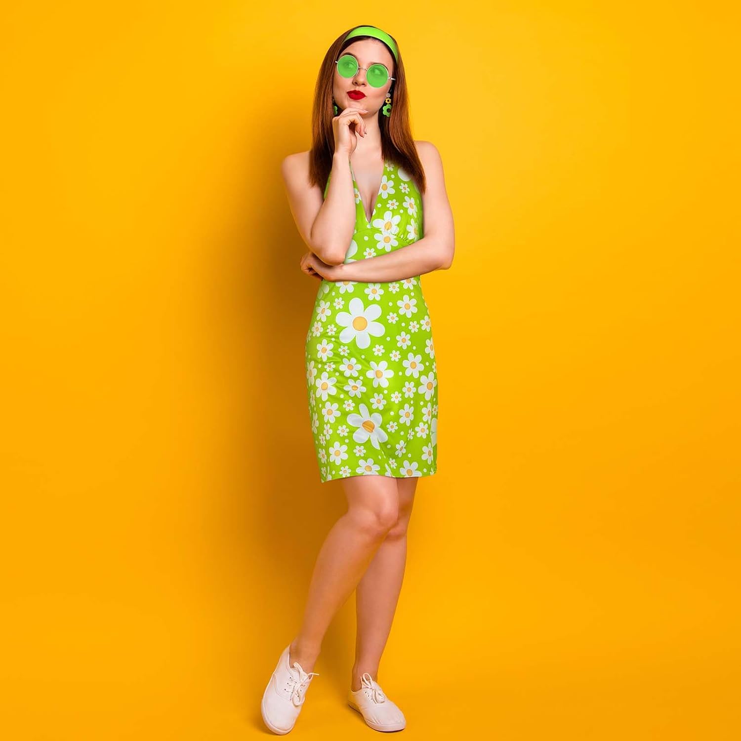 SATINIOR 4 Pcs 60s 70s Women's Hippie Costume Retro Disco Outfit Groovy Earring Headband Dress Sunglasses for Halloween Party