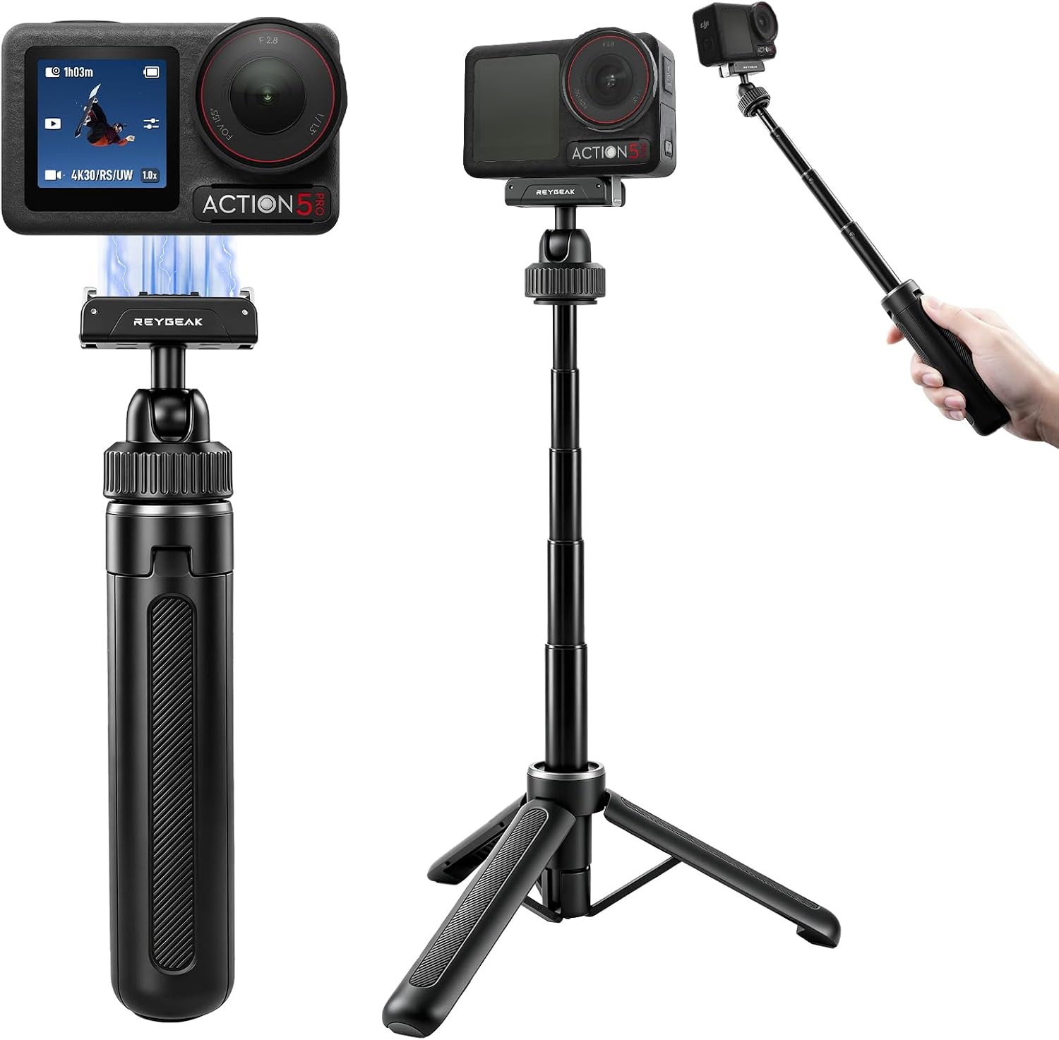 REYGEAK Magnetic Selfie Stick Tripod for DJI Osmo Action 5 Pro/4/3, Extendable Camera Handle with Quick Release Mount, 360° Ball Head for Vertical Video, Compact Tripod Stand (for Action 5/4/3/360)