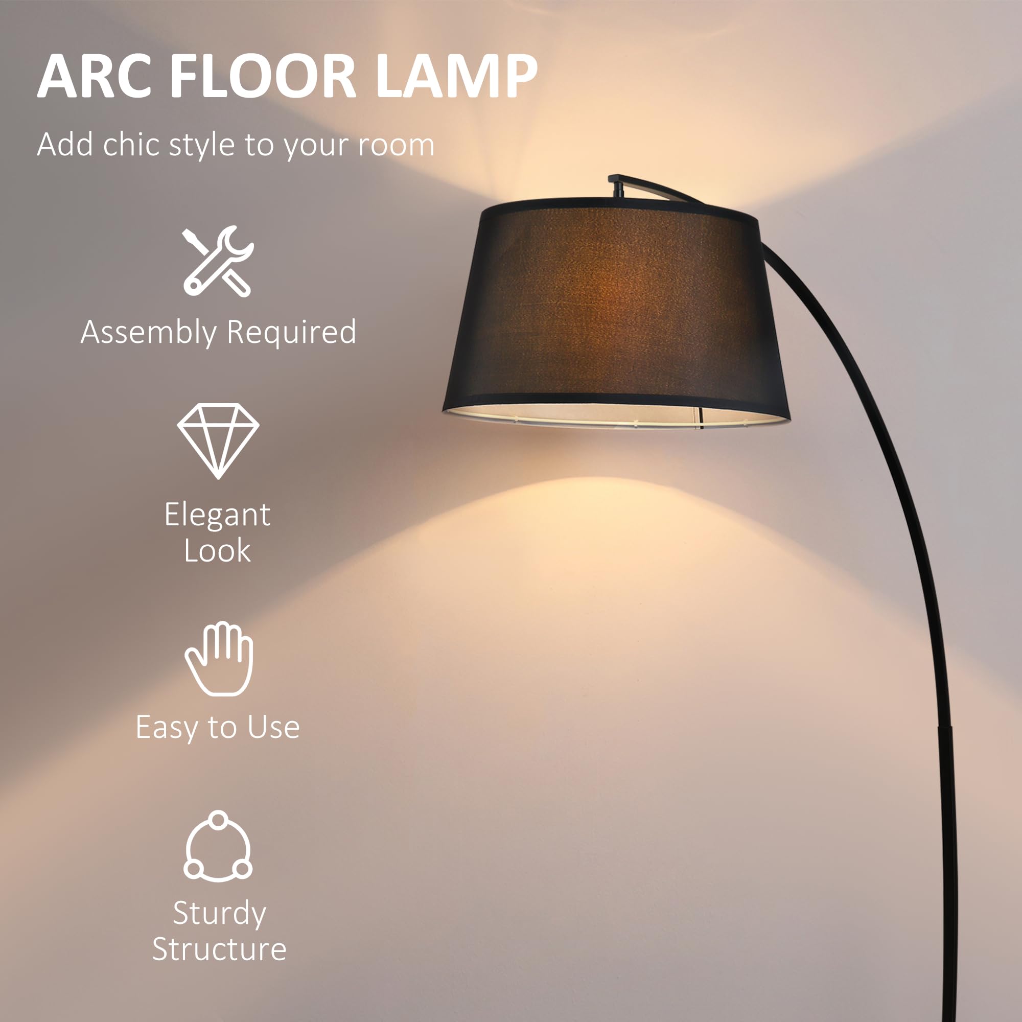 HOMCOM Lámpara de Pie Arco con Pantalla de Tela con Casquillo E27 Negro | Lámpara de Pie para Salón, Bombilla no Incluida, Interruptor de Pedal, para Dormitorio, Oficina