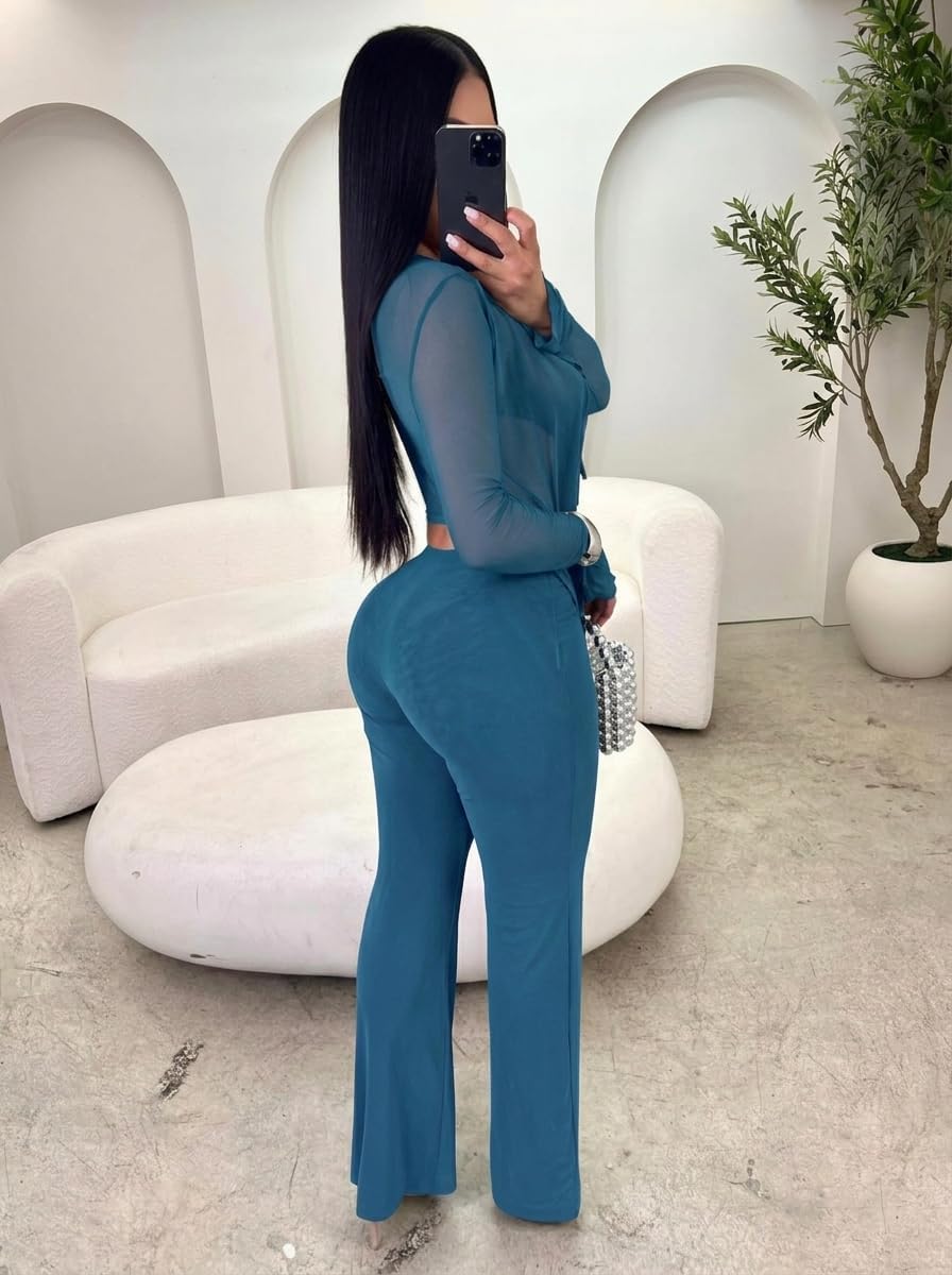 Vssjavun Women Sexy 2 Piece Outfits Mesh Cowl Neck Top Wide Leg Pants Sets