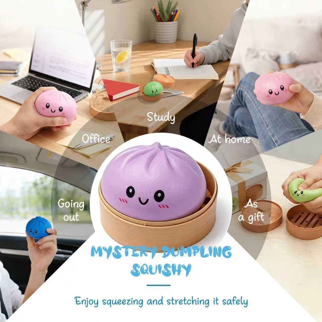 Dumpling Squishy Mystery Box, Squishy Dumpling Fidget Toy, Glitter & Rainbow Dumpling Stress Balls, Soft Squeeze Sensory Toy for Kids Adults, Blind Box Desk Toy (Blue)