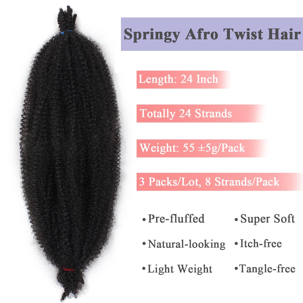 Leeven 24 Inch Pre-Separated Springy Afro Twist Hair 3 Packs Popping Spring Twist Hair for Marley Locs Twist Braiding Hair Black Pre-fluffed Afro Kinky Marley Hair Extensions /1B# - Image 3