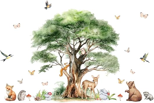 Forest Animals Wall Decals | Woodland Nursery Stickers with Bear Fox Trees Butterfly Mushroom, Kids Room Decor,Kids Room Wall Decoration