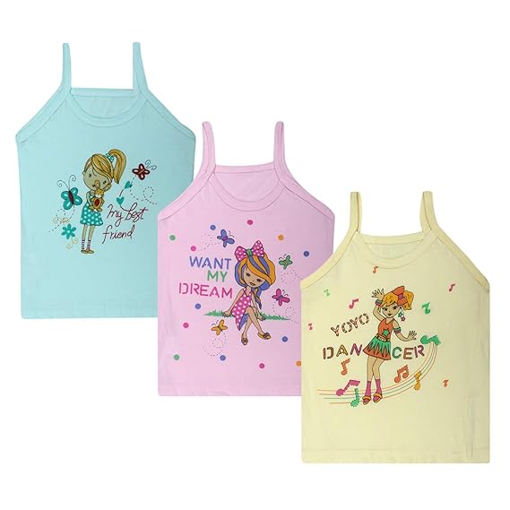 Superminis Baby Girls Sleevless Printed Cotton Regular Fit Camisole Slips/Vests/Baniyan/Inner Wear, Pack of 3