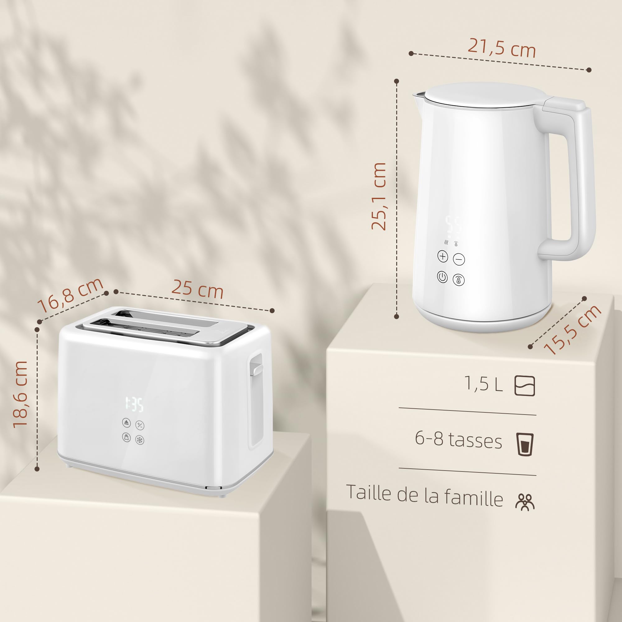 HOMCOM Ensemble bouilloire et grille-pain 2200 W, bouilloire en inox 1,5 L avec isolation et grille-pain 2 tranches, 7 niveaux de brunissage, décongélation, réchauffage et plateau à miettes, crème