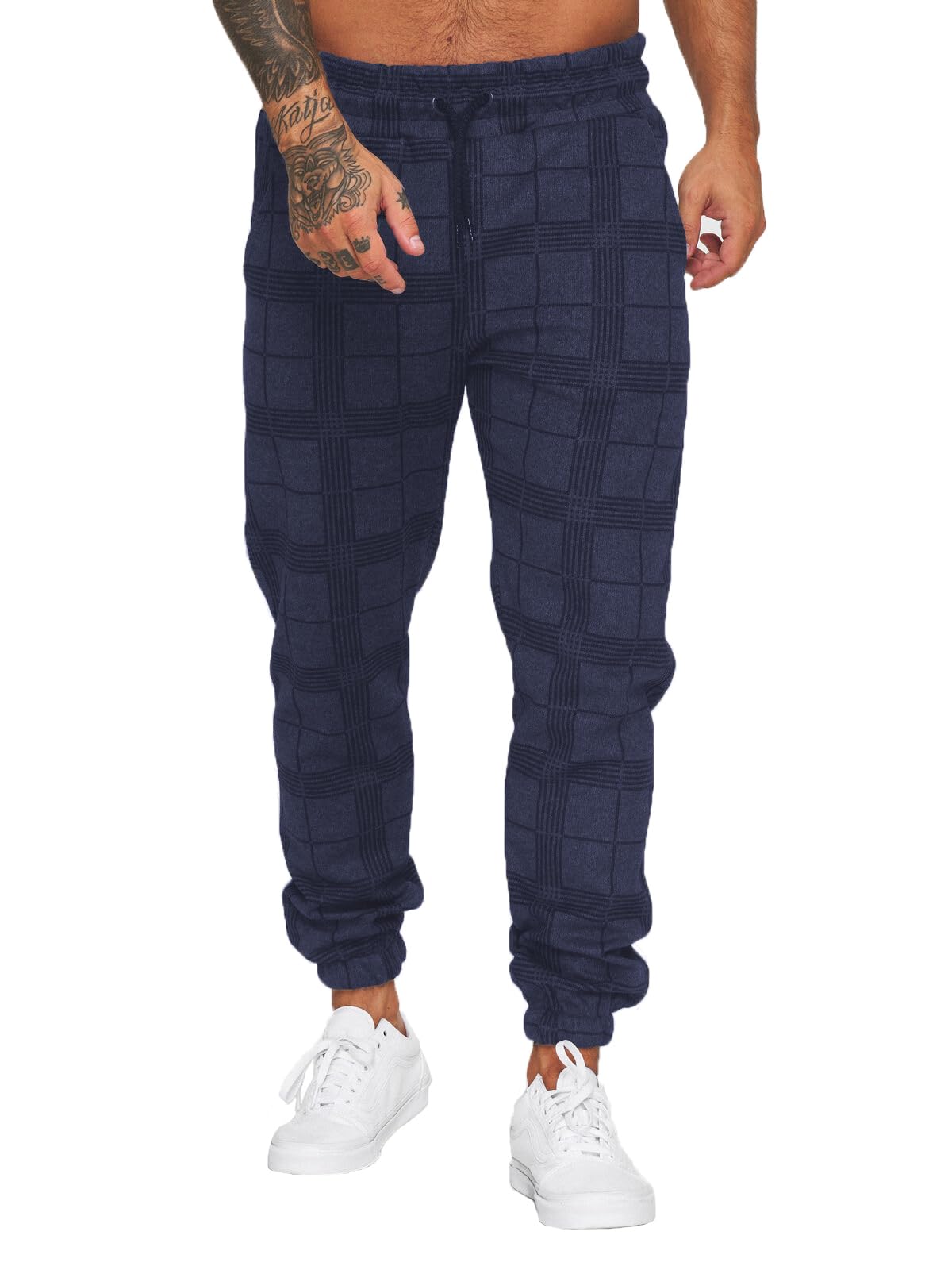 Jogging Bottoms for Men, Tracksuit Bottoms, Loose-Fit Sports Trousers, Long, Chequered, Casual Navy Blue M