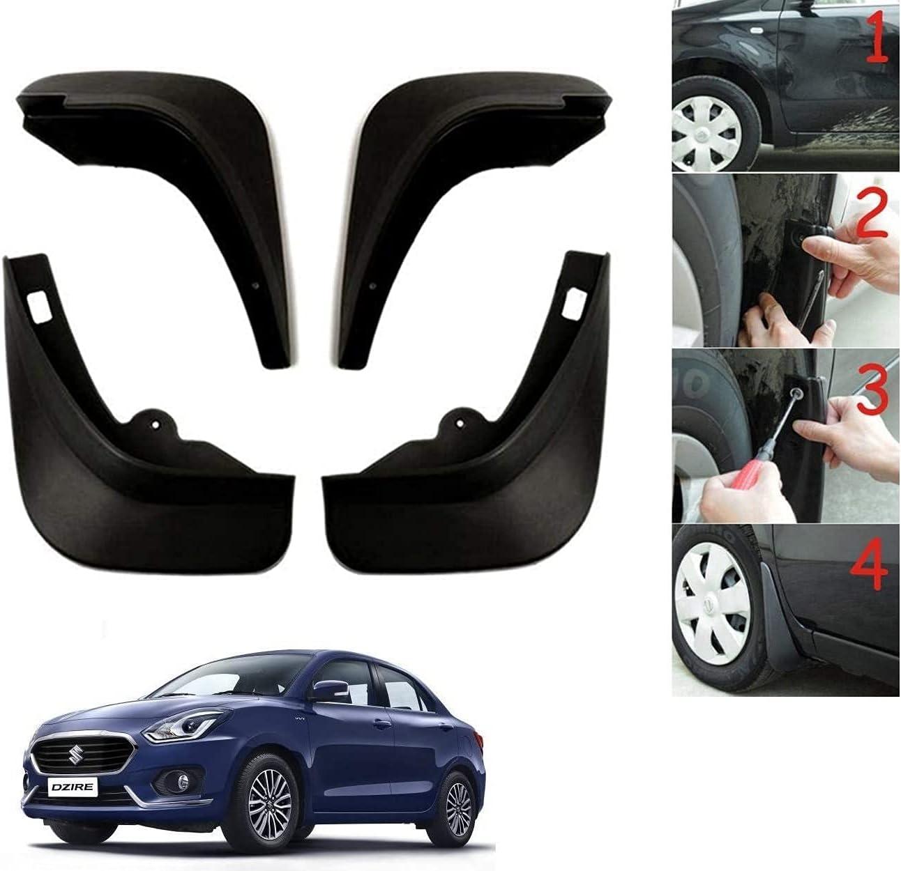 Auto Addict Car Mud Flaps Splash Guards (O.E Type Custom,4 pcs) for Maruti Suzuki New Dzire (2017-Present)