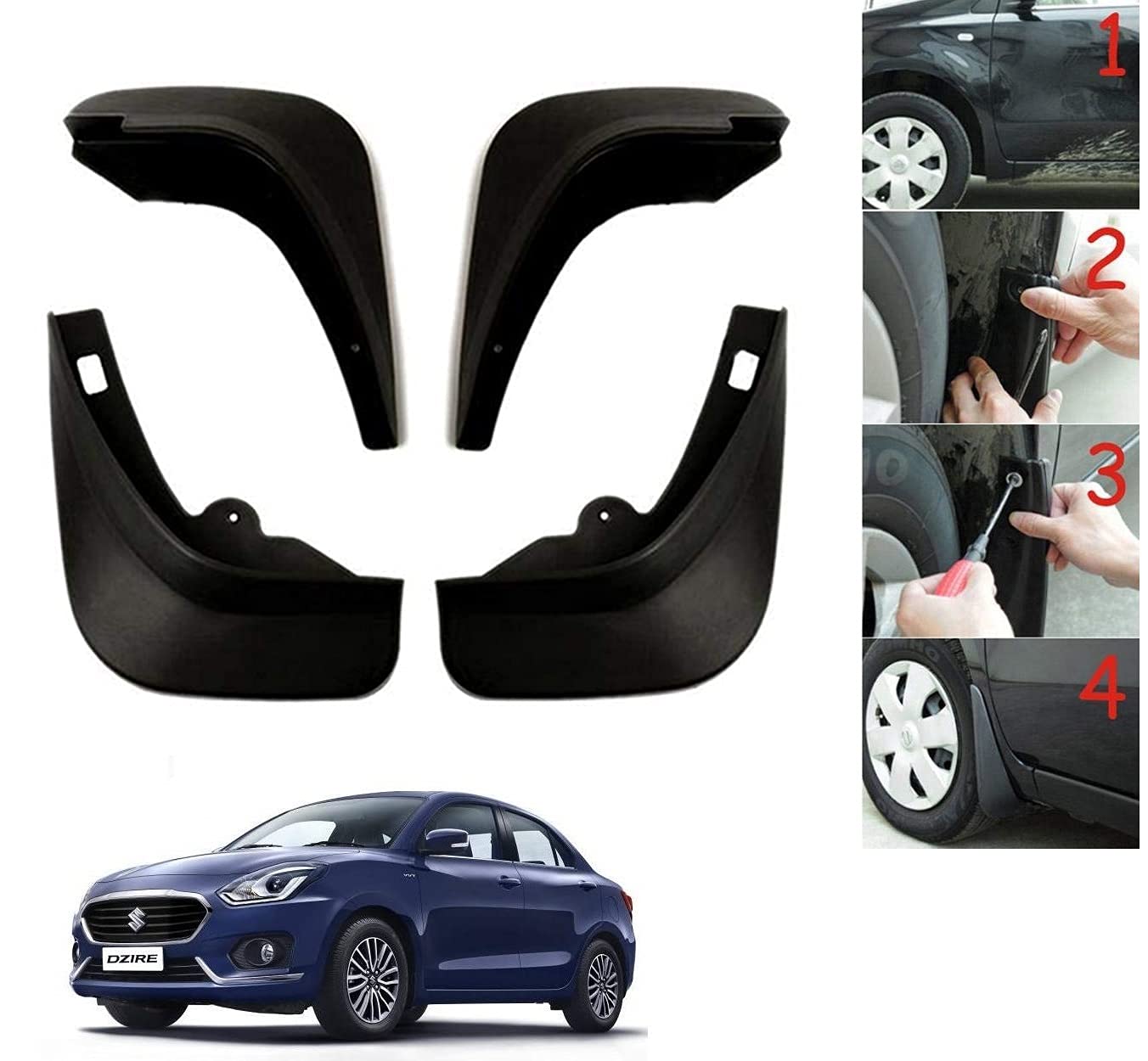 Auto Addict Car Mud Flaps Splash Guards (O.E Type Custom,4 pcs) for Maruti Suzuki New Dzire (2017-Present)