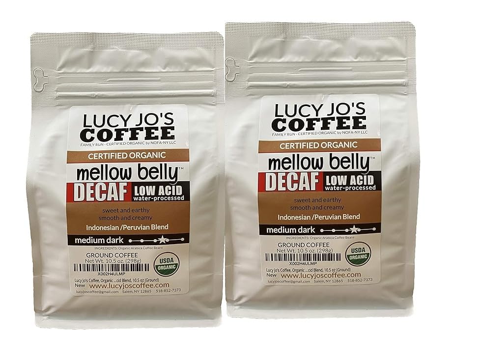 Lucy Jo's Coffee, 2 PACK, Organic Decaf Mellow Belly Low Acid Blend, Medium Dark, Ground, 2 10.5 oz bags