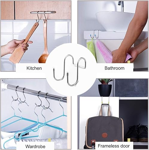 Miniatura 4 de Paquete de 8 ganchos sin marco para puerta doble en forma de S, para puerta de ducha de vidrio sin marco, ganchos para toallas para colgar en la
