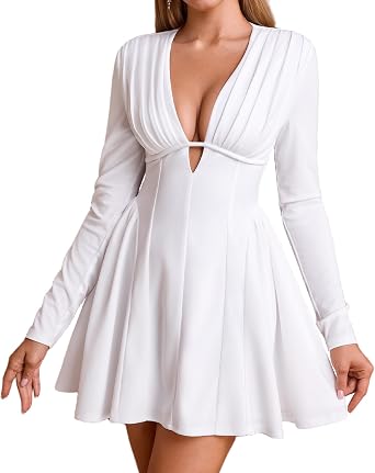 XinFSh Womens Sexy Fall Long Sleeve Mini Dress V Neck A-Line Corset Short Party Cocktail Dresses