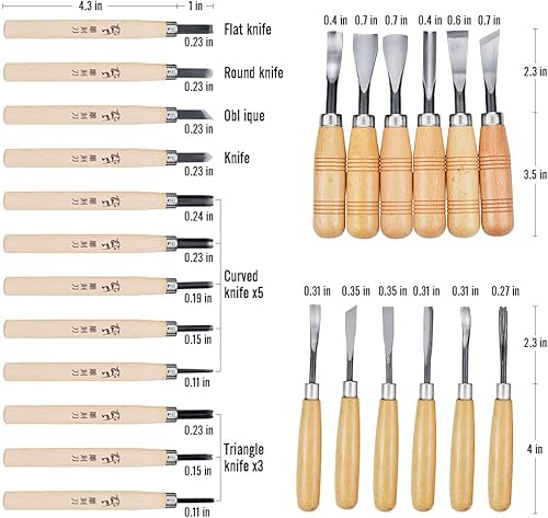Miniatura 2 de WAYCOM Juego de 24 cuchillos de madera kit de tallado de madera juego de cincel profesional incluyendo pequeño medio grande 24 unidades