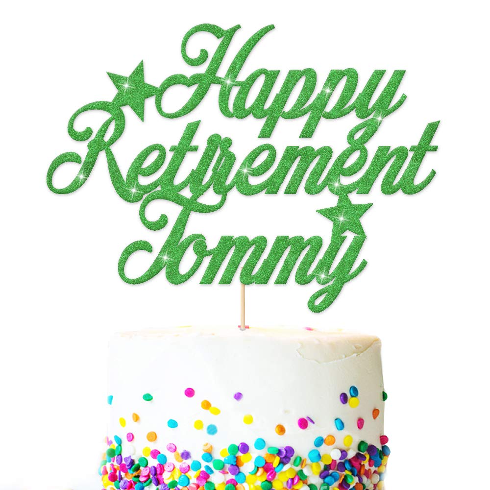 EDSG Personalised Cake Topper for Retirement | Custom Cake Decoration With Any Name | Double Sided Multicolour Glitter Party Decoration Hand Finished in UK(Green)