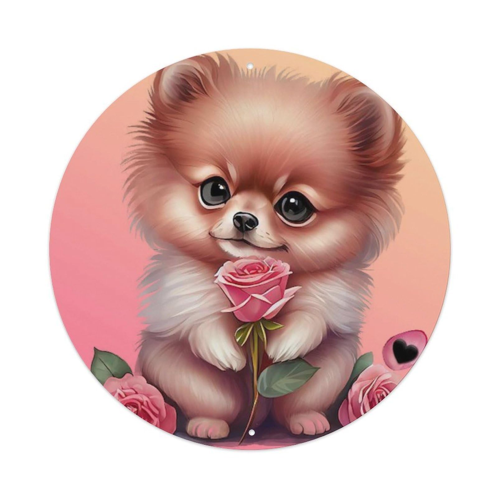 Animal Artwork Cute Puppy with Roses Vintage Metal Tin Sign Plaque Wall Decor for Cafe, Club, Garden Round Metal Poster 8x8Inch