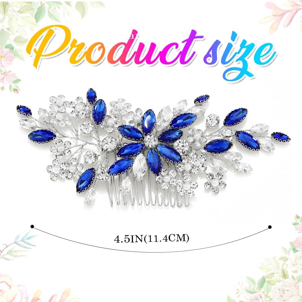 Catery Blue Rhinestone Bridal Hair Comb Crystal Wedding Hair Pieces Flower Silver Accessories for Brides and Women Pack of 1(Blue) - Image 3