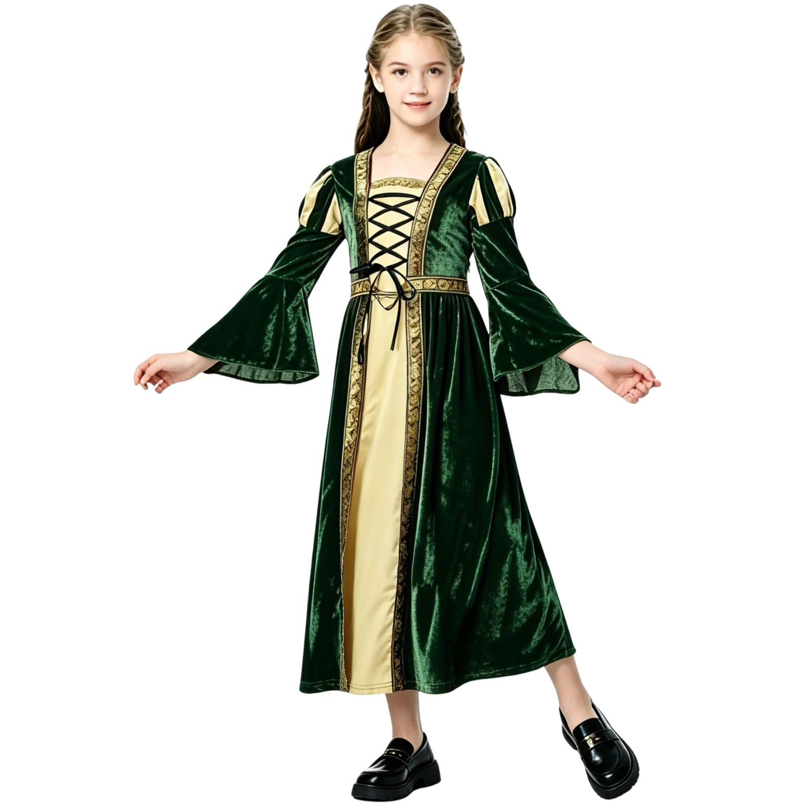 HAPNBCELE Medieval Dress for Girls, Vintage Princess Renaissance Fair World Book Day Halloween Christmas Birthday 4-14 Years (Green, 8-10 Years)
