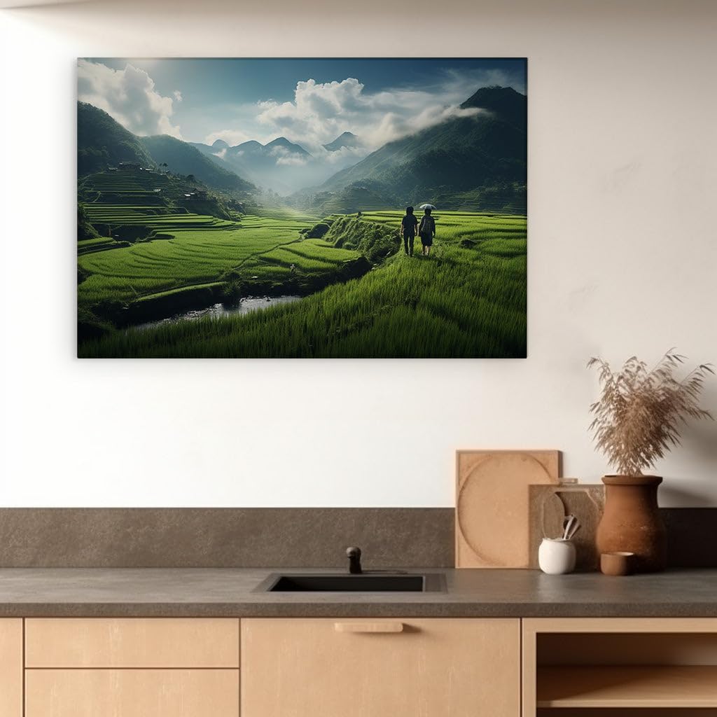 Canvas for Living room. Under a Sheltering Umbrella: A Serene Stroll Through Verdant Rice Fields, 27 x 18 inch Canvas Wall Art - Contemporary Masterpieces - Modern Home Decor