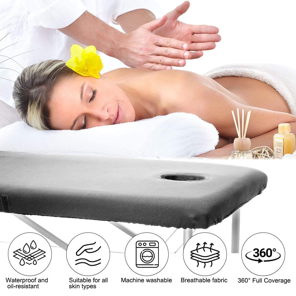 2 Stück Spannbezug für Massageliege mit Loch, 80 x 190cm Wasserdicht und Ölbeständig Bezug für Massageliegen, Waschbar Massageliege Bezug für Kosmetik-Tische, Spa, Schönheits (Grau)