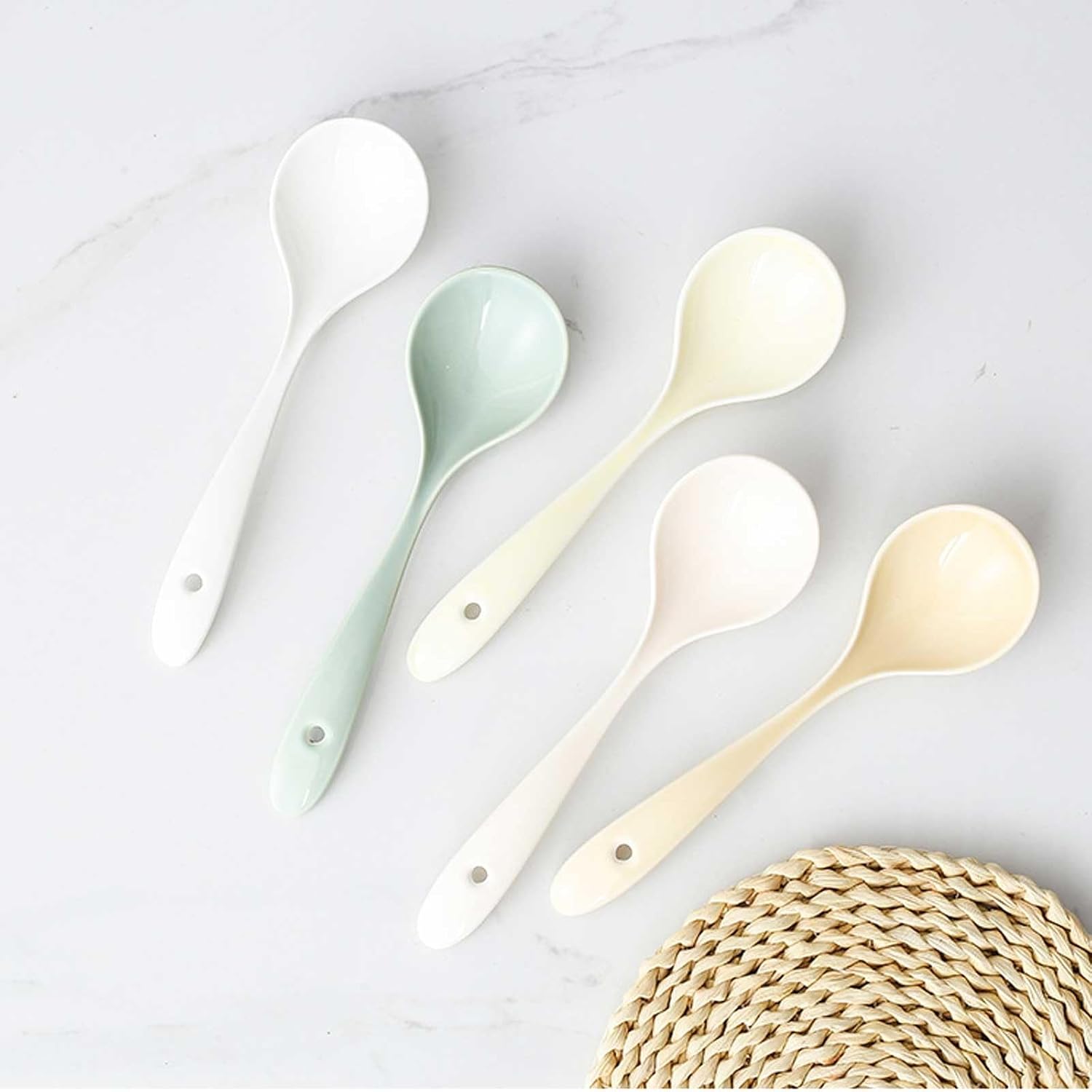 Soup Spoon White Ceramic Ladle China porcelain Spoons Porcelain Asian 7.4" Long 2" Wide Ice Cream Scoop(B)