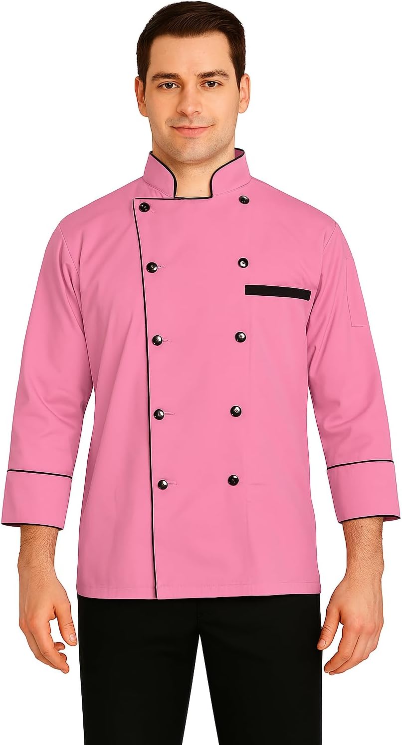 Men’s Double-Breasted Chef Coat – Multi-Color Trim with Mandarin Collar & Long Sleeves | Professional Kitchen Uniform