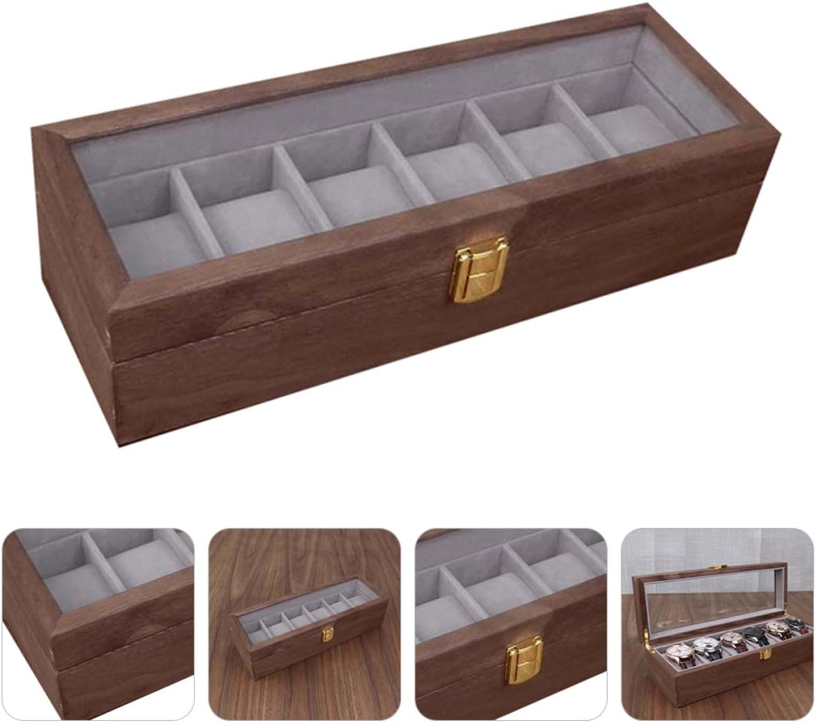 Beavorty Wooden Watch Display Box 6 Slots with Lid Jewelry Storage Case Walnut Finish Organizer for Men and Women Jewelry Packing and Watch Storage