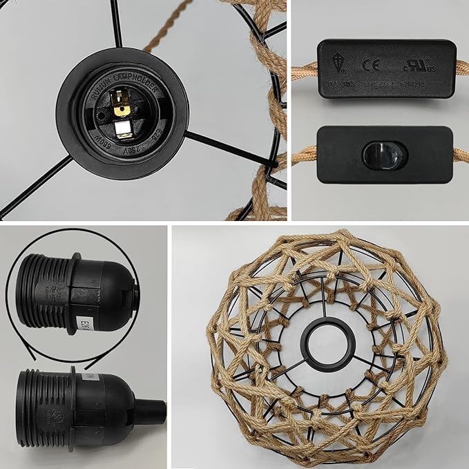 Miniatura 5 de Lámpara colgante de ratán tejida a mano con cuerda de cáñamo de 15 pies de encendidoapagado, cesta de jaula costera bohemia para sala de estar,