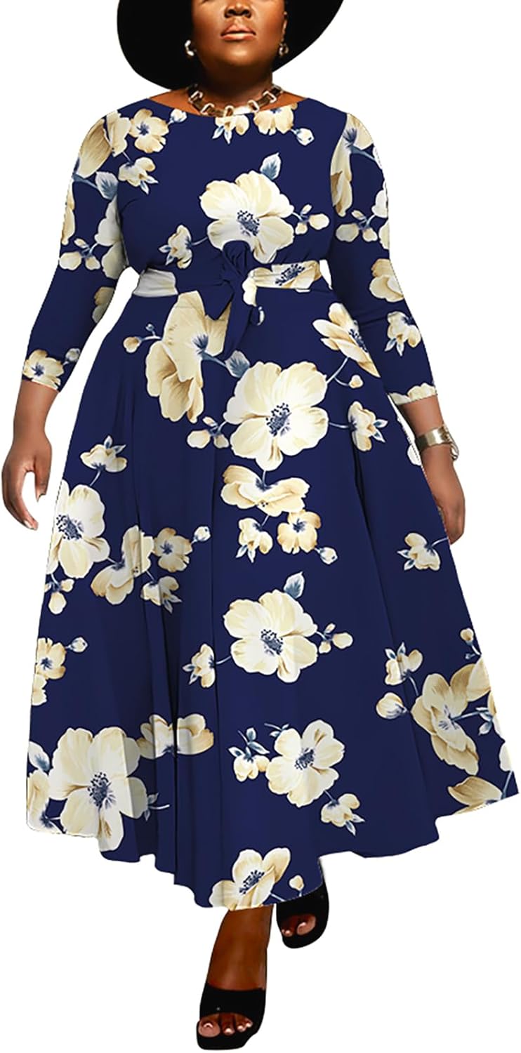 Women Plus Size Formal A Line Maxi Dress Self Tie Waist with Pockets Elegant Round Neck Swing Long Dresses