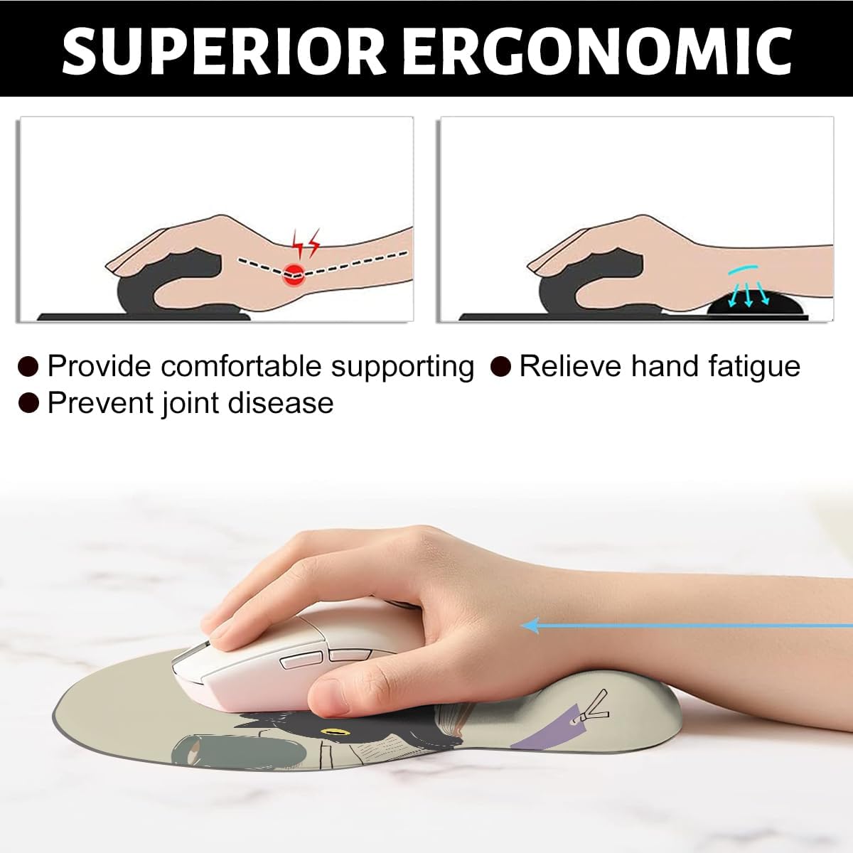 Funny Cat Mouse Pad, Cute Black Cat Mouse Pads with Non-Slip PU Ergonomic Mouse Pad with Wrist Support Computer Mouse Mat Base for Home Office Laptop Desk Accessories image 3