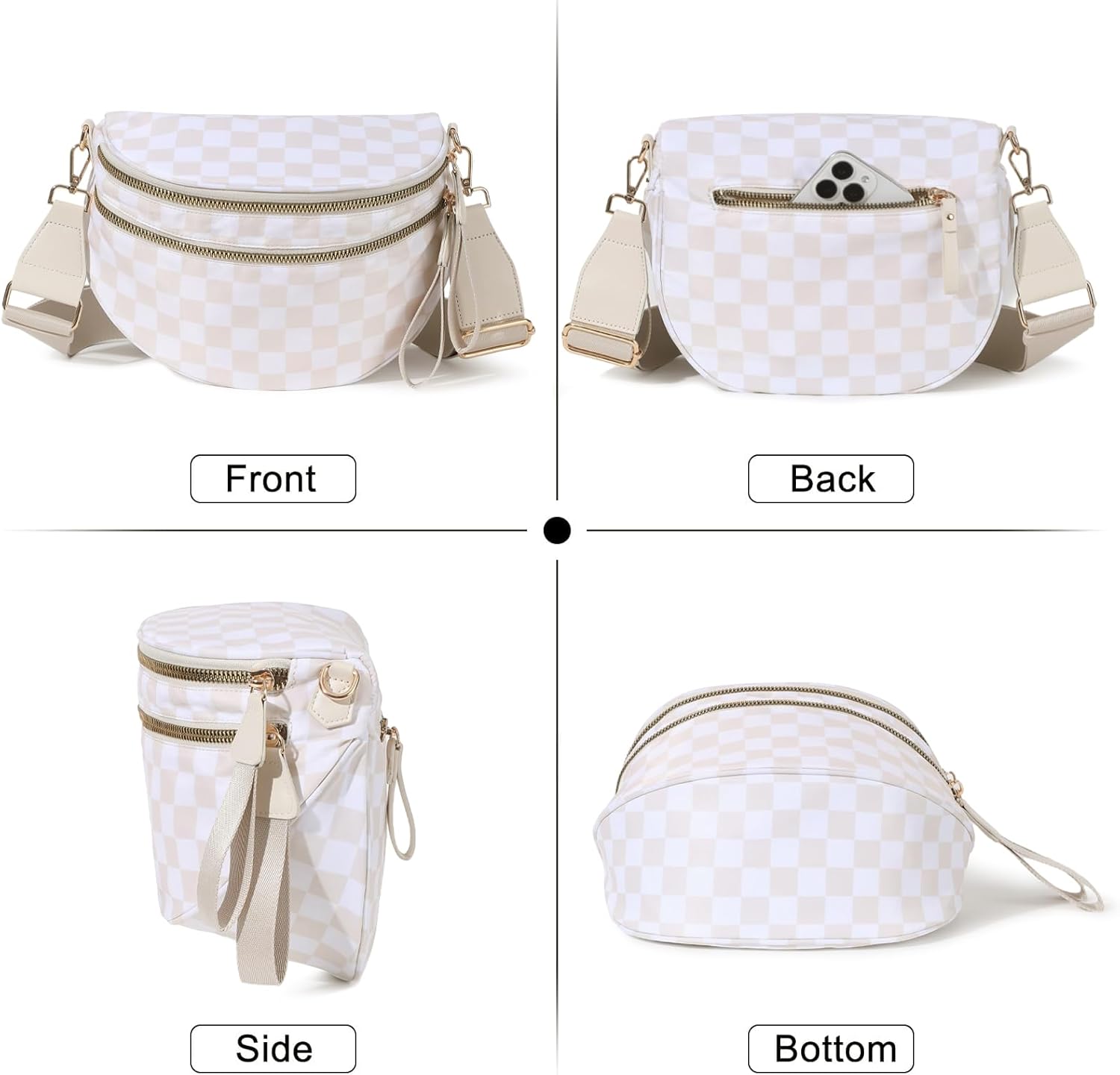Checkered Bum Bag for Women, Roomy Crossbody Fanny Pack with Plus Size Adjustable Strap (Beige Checkered) - Image 5