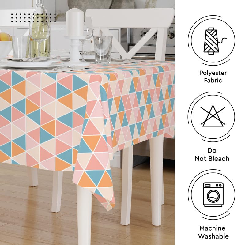 Image of Encasa XO Printed Table Cloth 8 ft for 6 to 8 Seater Dining Table, 100% Silky Polyester, Machine Wash to Remove Food Stains, Non-Fading, Non-Shrinking, Cheap & Durable - Big Triangles Apricot