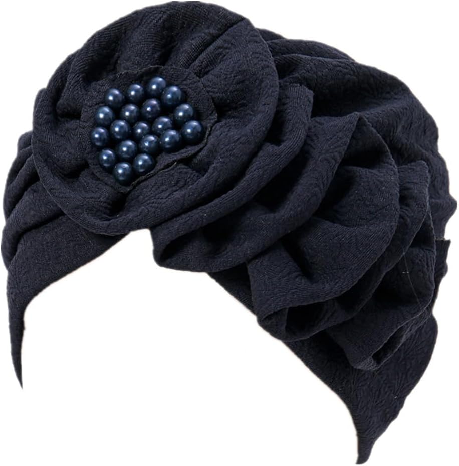 YYAOJHAO Women Turban Flower Caps - Elastic Beaded Solid Headwrap Chemo Beanies Cancer Headwear Hats for Hair Loss Cover