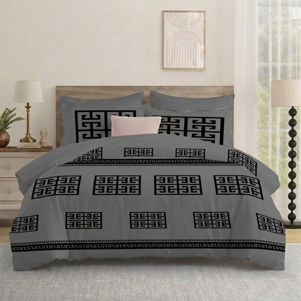 Opulent Living Luxury Royal Blue Geometric Bedding Set – Greek Key Pattern Duvet Cover Set with Pillowcases, Soft Microfiber Comforter Cover, (Grey, Double)