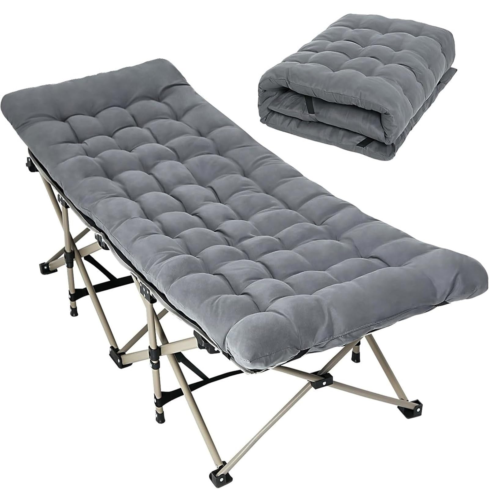 Gr8 Garden Folding Camping Cot Bed with Mattress, Heavy Duty Portable Camp Bed 190x68cm, Strong Steel Frame, 1200D Oxford Fabric, Foldable Outdoor Sleeping Bed for Camping, Travel, Guest, Garden, Grey