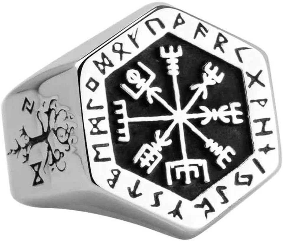 ForFoxTitanium Stainless Steel Vegvisir Compass Ring with Viking Runes Punk Nordic Valknut and Tree of Life Symbols Ring for Men Women Size N 1/2-Z+5