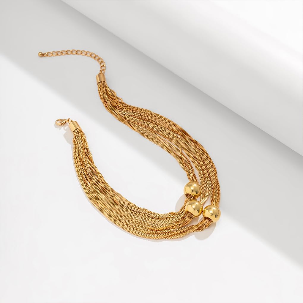 Chunky Gold Round Bead Y Necklace, 14K Gold Plated Stacked Multi Layer Chain Statement Short Necklace, Minimalist Geometric Fashion Jewelry Gift