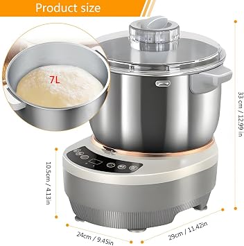 Electric Dough Maker Machine with Fermentation Function, 7L Large Capacity Household Dough Mixer, 304 Stainless Steel, Microcomputer Timing, Front Touch Panel, Gray,7L