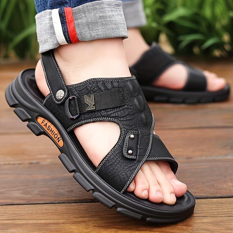 Men's Solid Colour Top Grain Cow Leather Upper Open Toe Breathable Sandals, Comfy Non Slip Casual Durable Beach Water Shoes3